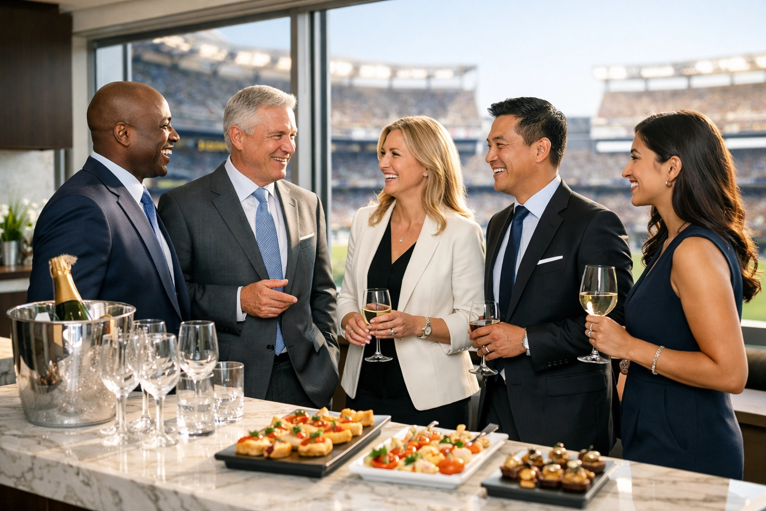 Executives networking in a luxury Super Bowl VIP suite overlooking the stadium field.