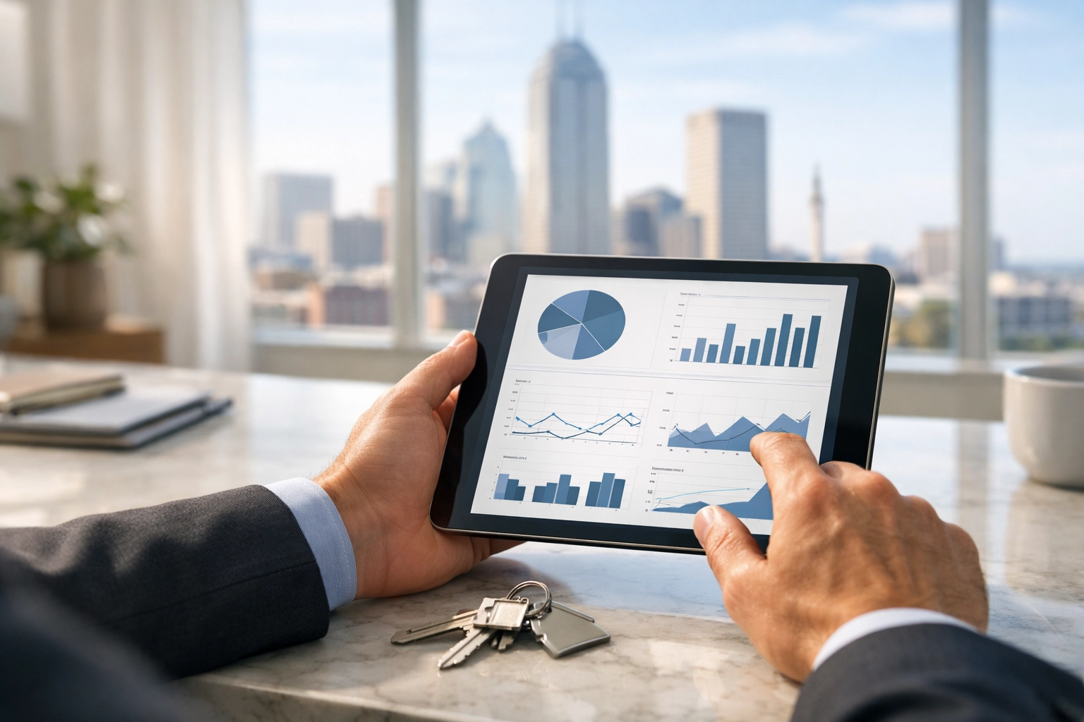 Portfolio manager reviewing a digital dashboard in a sunlit Indianapolis apartment during a property turnover.