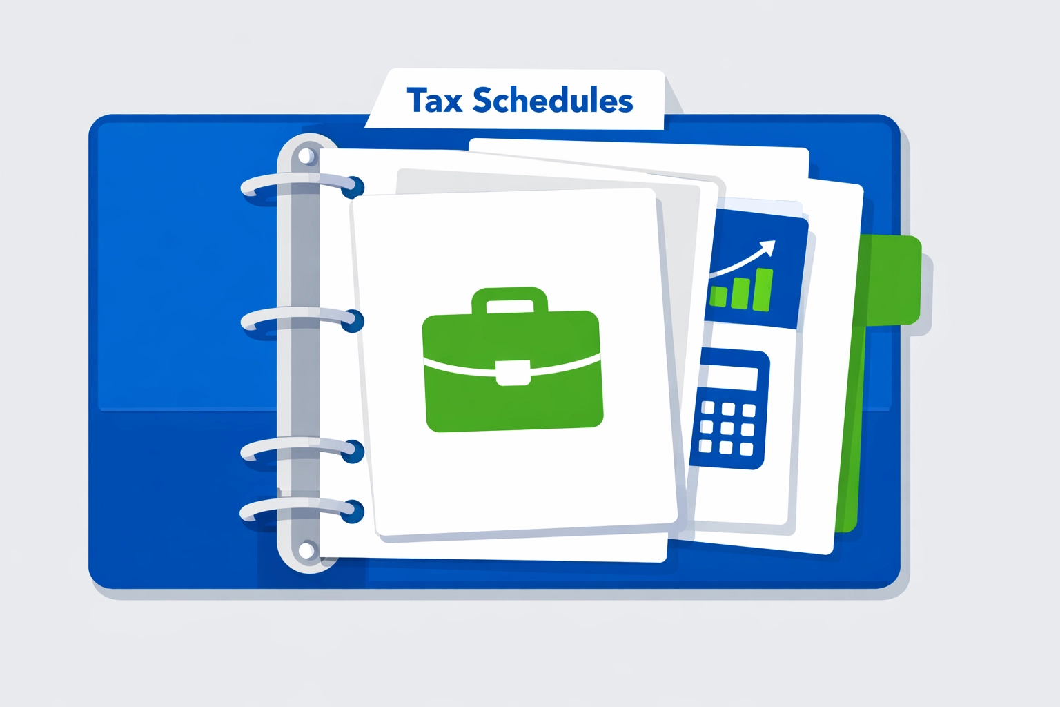Organized binder with icons representing different tax schedules and small business tax deductions.