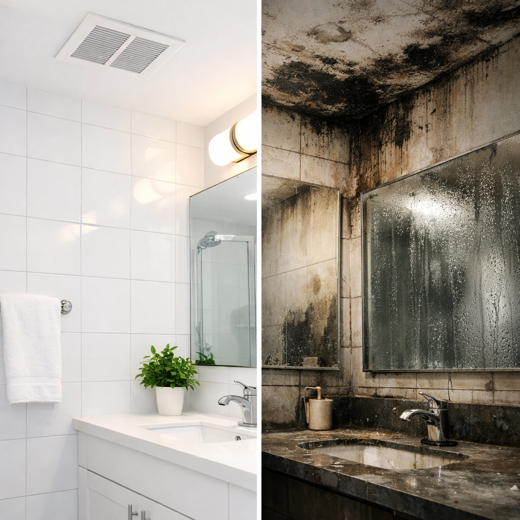 Before and after comparison showing clean bathroom versus bathroom with mold damage and water stains