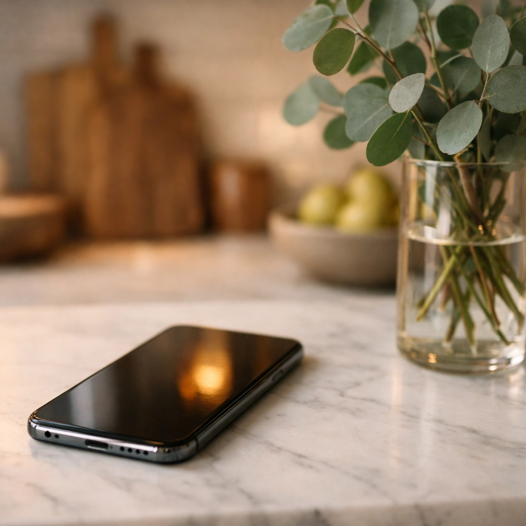 Smartphone on a kitchen counter, showing how an online business for moms runs efficiently in small pockets of time.