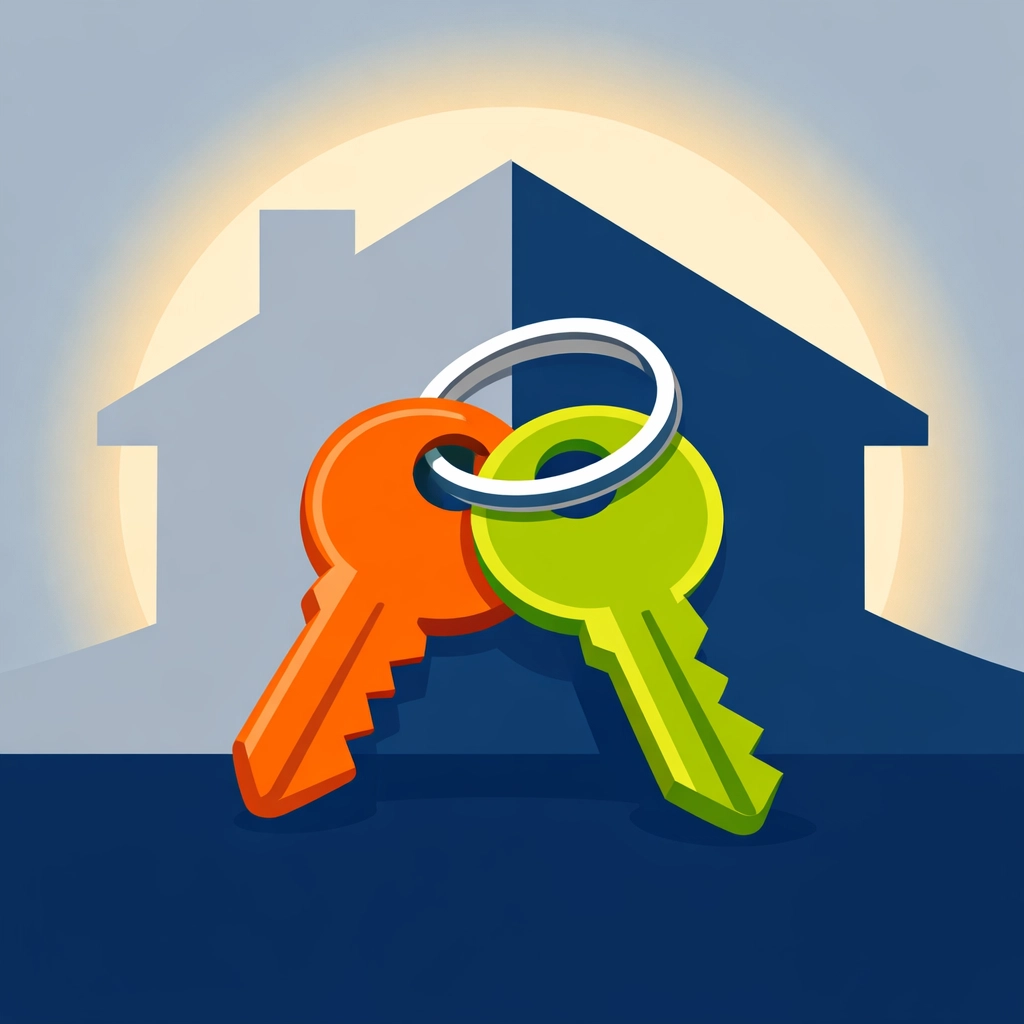 Graphic of house keys and home silhouette highlighting 24/7 emergency locksmith Bristol services.