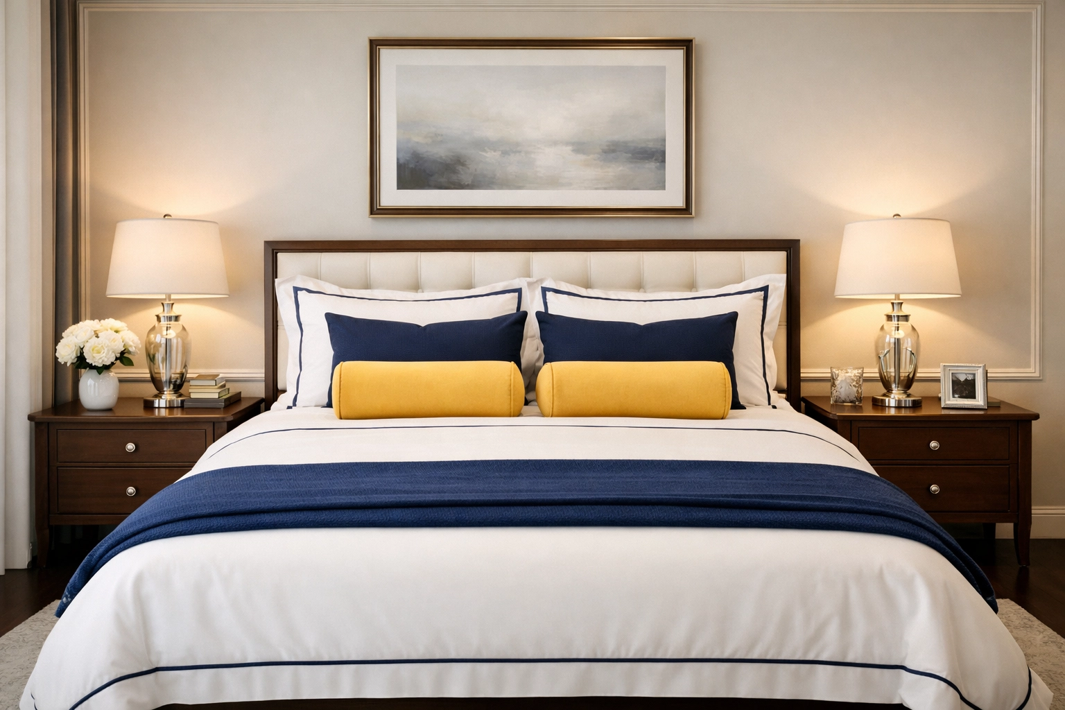 Dust-free master bedroom with hotel-style linens from Natick house cleaning experts.