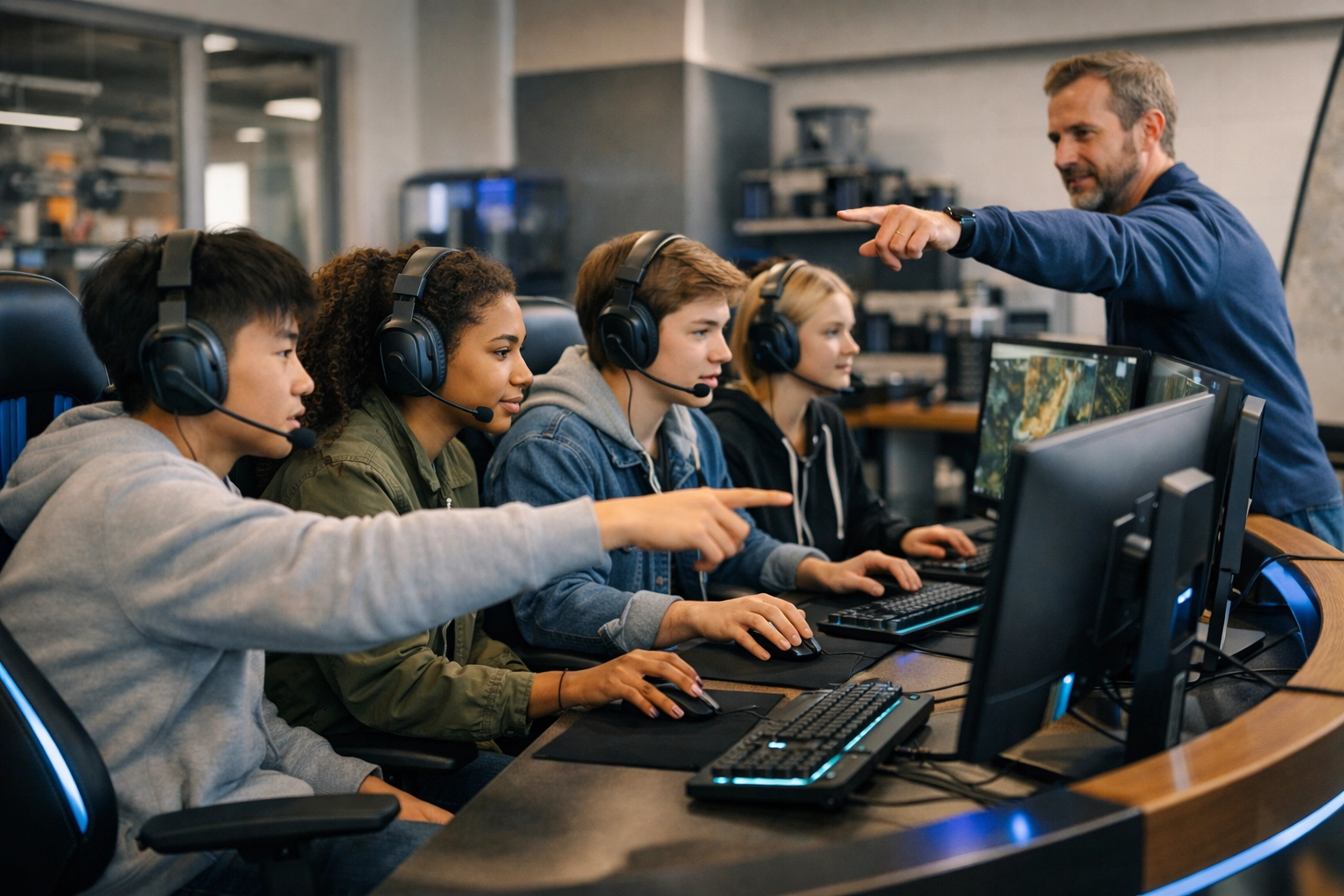 High school students collaborating in a modern esports pod for simulation-based learning and engagement.