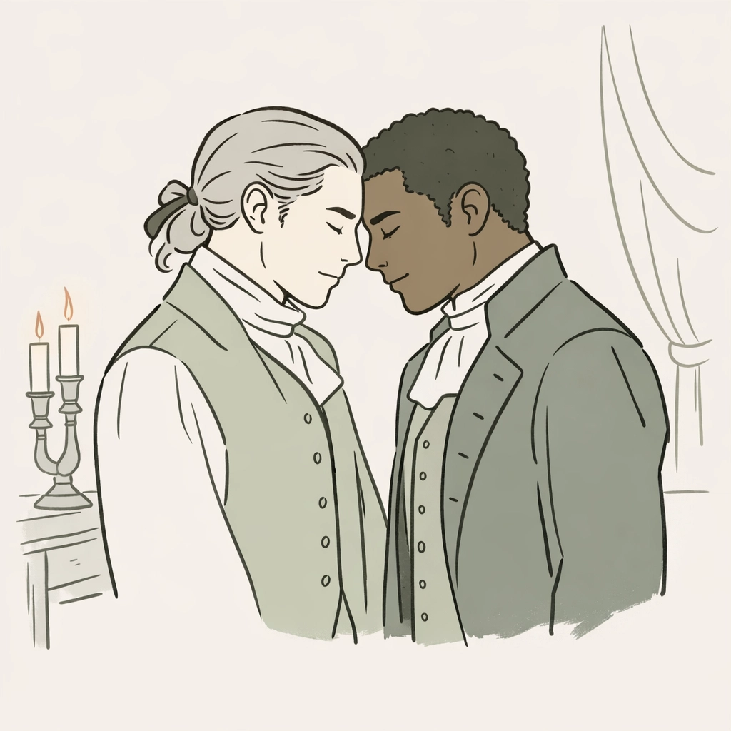 Minimalist drawing of a gay historical romance couple sharing an intimate moment in a quiet room.