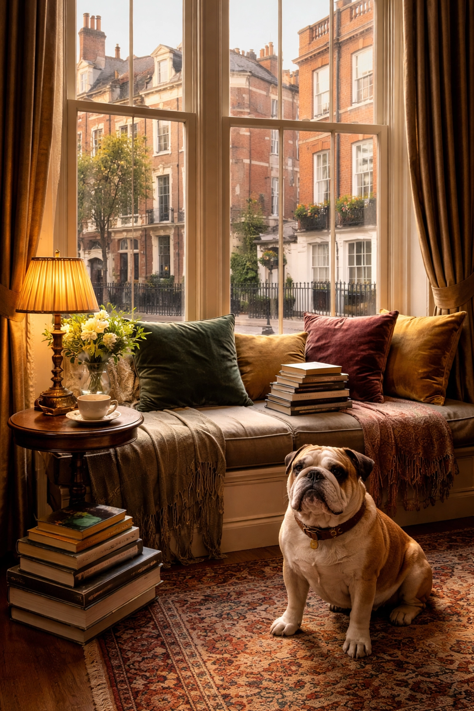 Inviting London townhouse with a cozy reading nook and bulldog, ideal for authentic house sitting in the UK