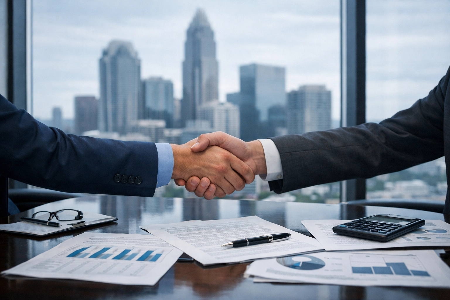 Business brokers closing deal with handshake in Charlotte conference room