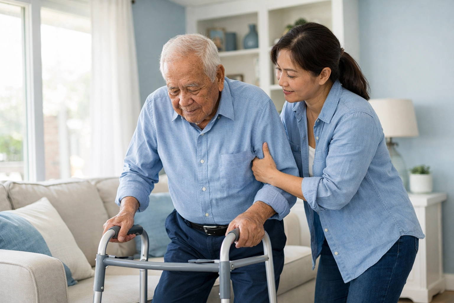 Caregiver supporting senior veteran at home in a calm, bright living room