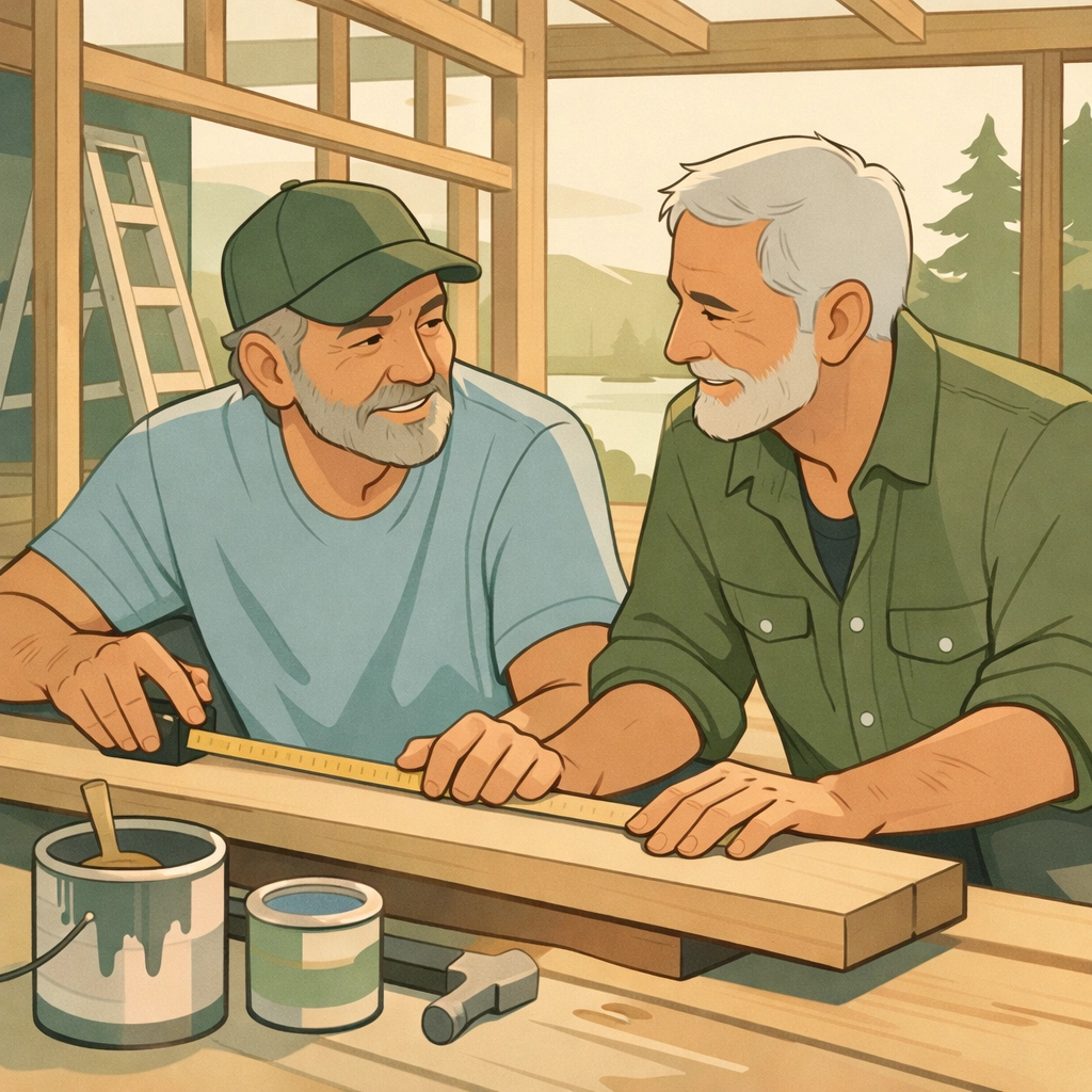 Older gay couple renovating camp cabin together, building sanctuary for queer youth