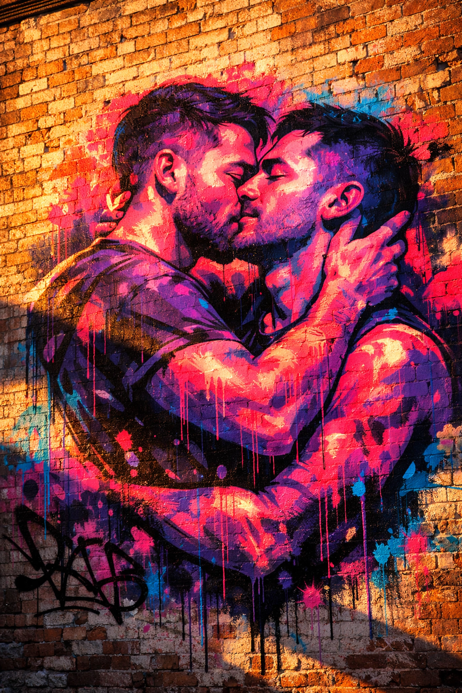 Gay street art mural showing two men embracing in vibrant neon colors on brick wall