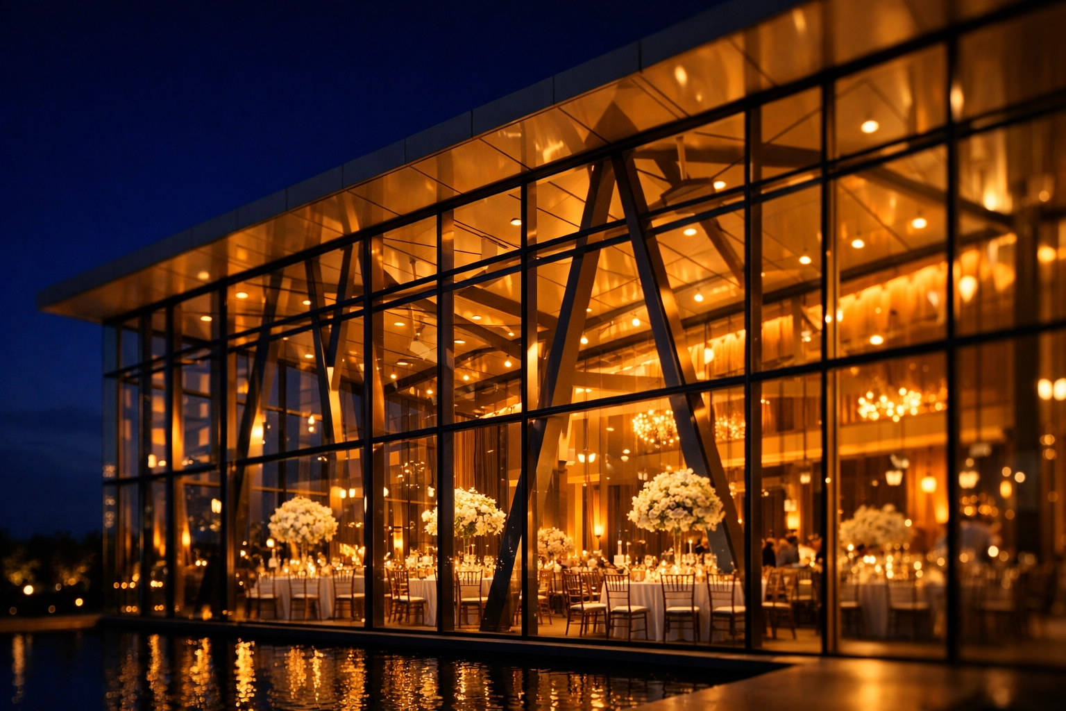 Sophisticated luxury event space with amber lighting and modern architecture for an exclusive corporate celebration.
