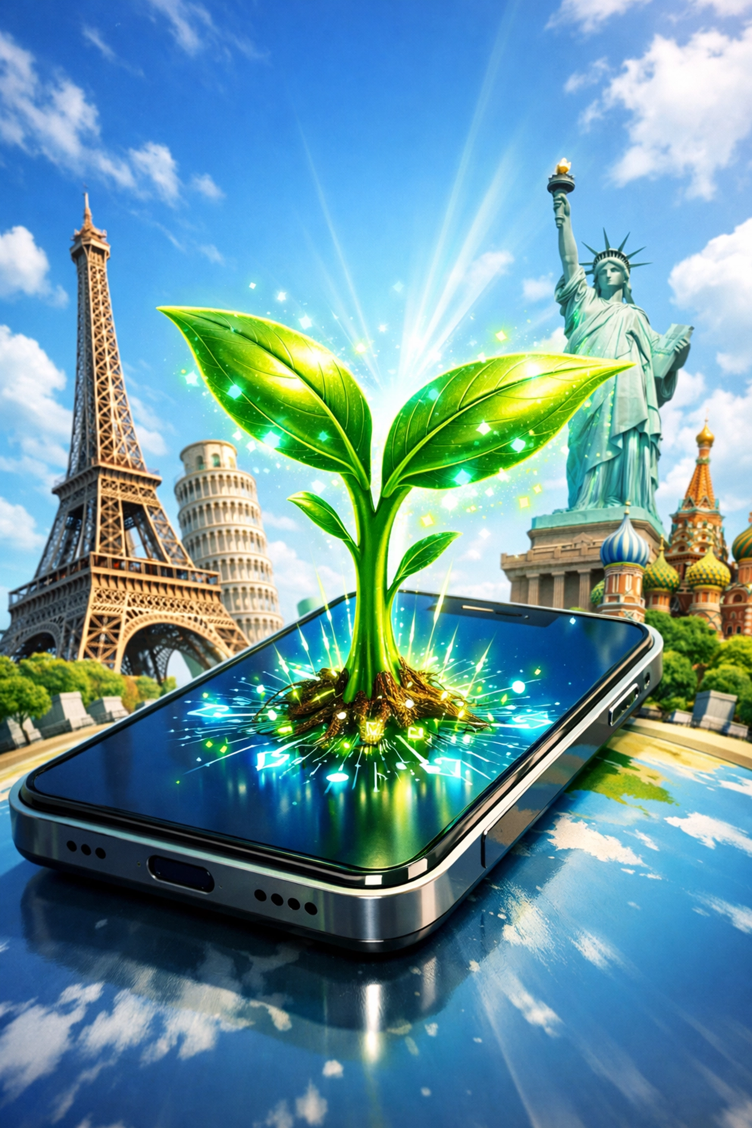 Green sprout growing from a phone representing rapid global small business growth through AI ads.