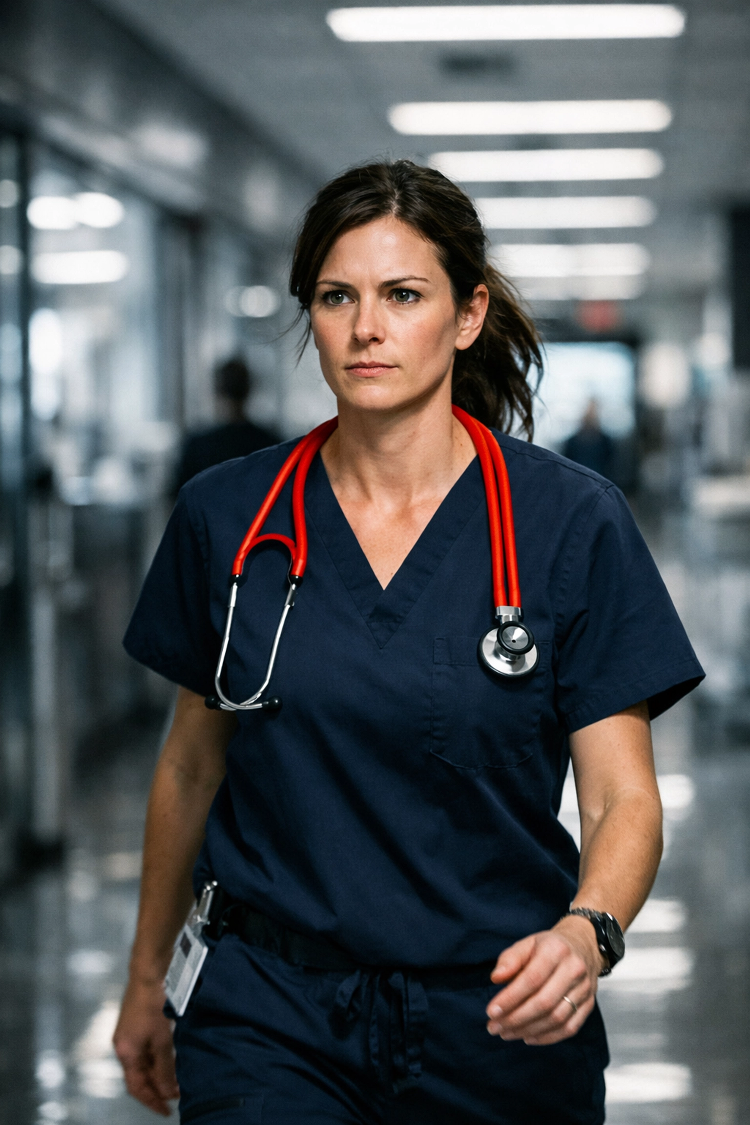 A B.C. physician walks through a modern hospital corridor during a provincial healthcare staffing crisis.