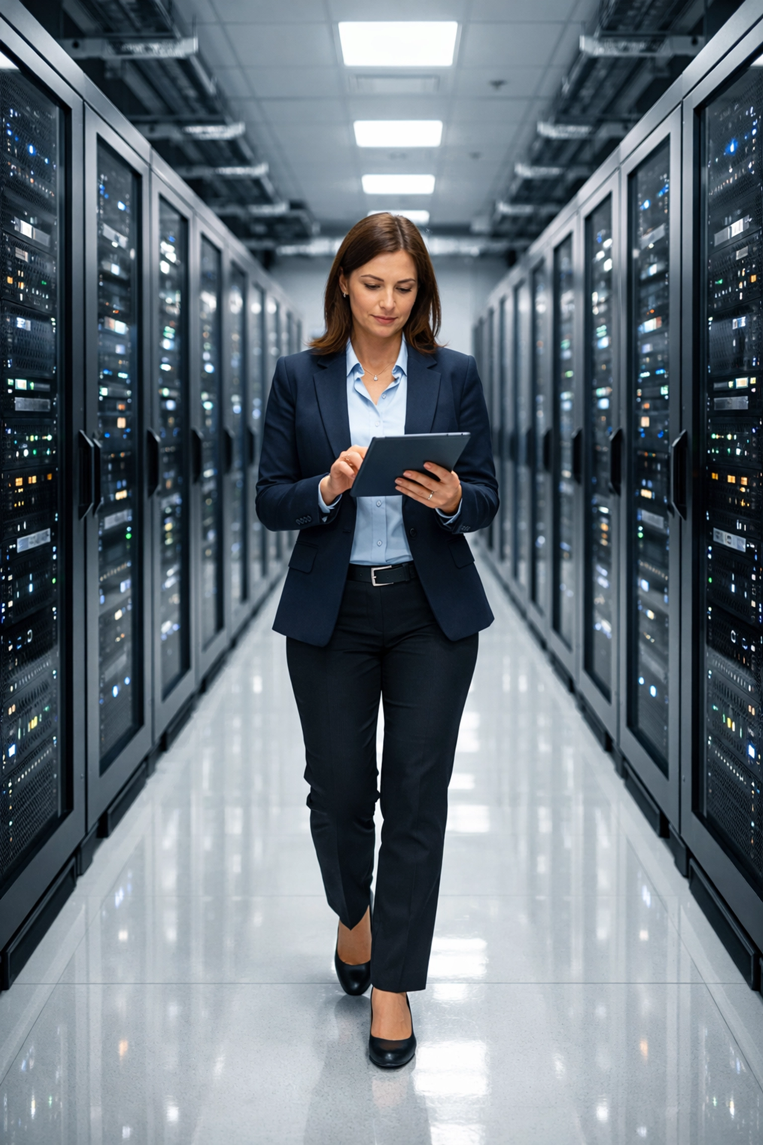 Professional managing ITOM and ITAM compliance within a modern, secure enterprise data center environment.