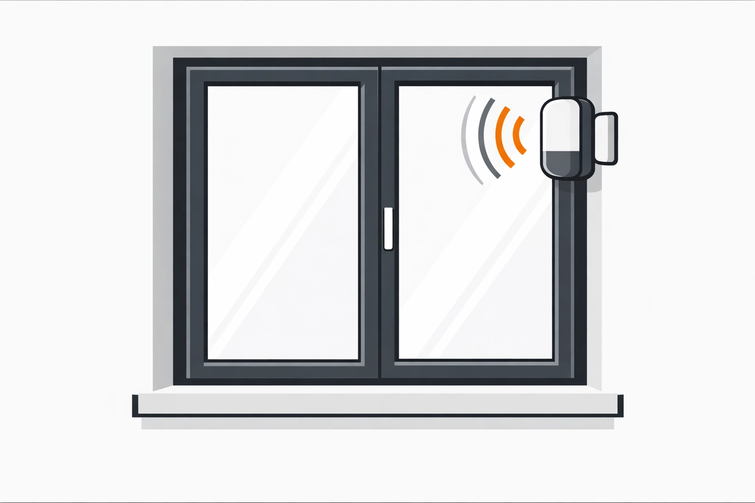 Clean Vector Illustration: Funk-Alarmanlage am Fenster (Elektro-Zentrum CI: Schwarz/Dunkelgrau/Weiß + Akzent-Orange)