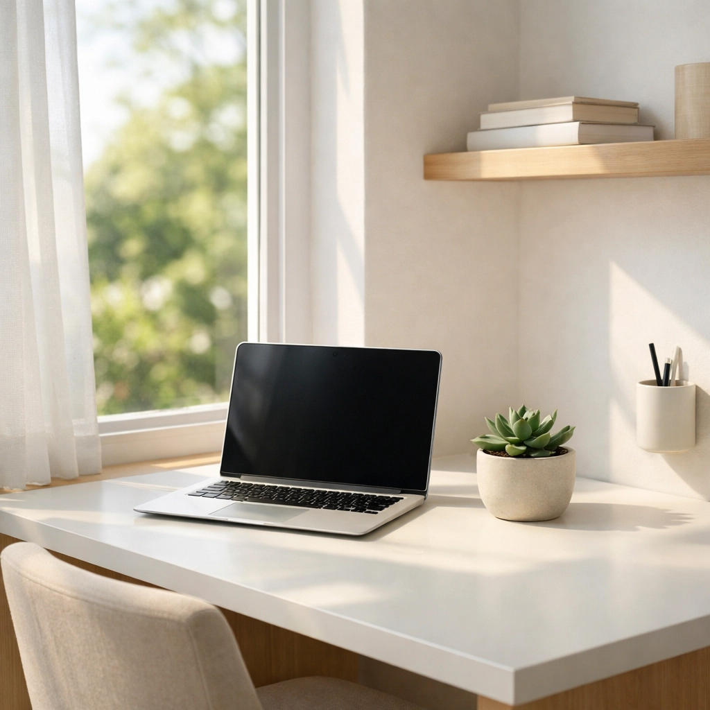 Minimalist home office desk setup near a window with natural light for focused online learning.