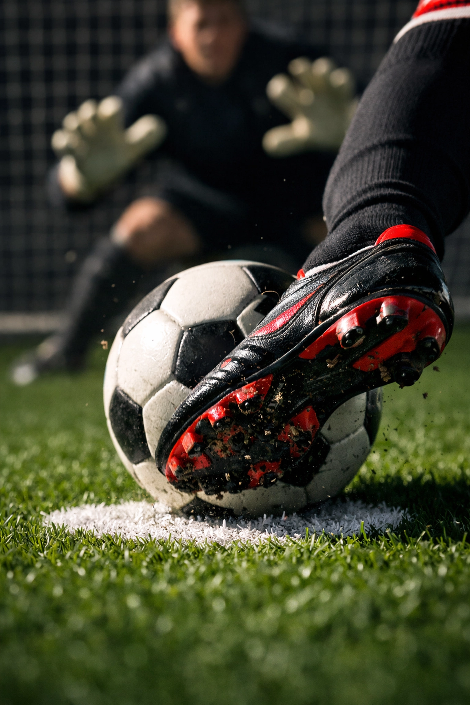 Football striker taking penalty kick in crucial Bundesliga match moment