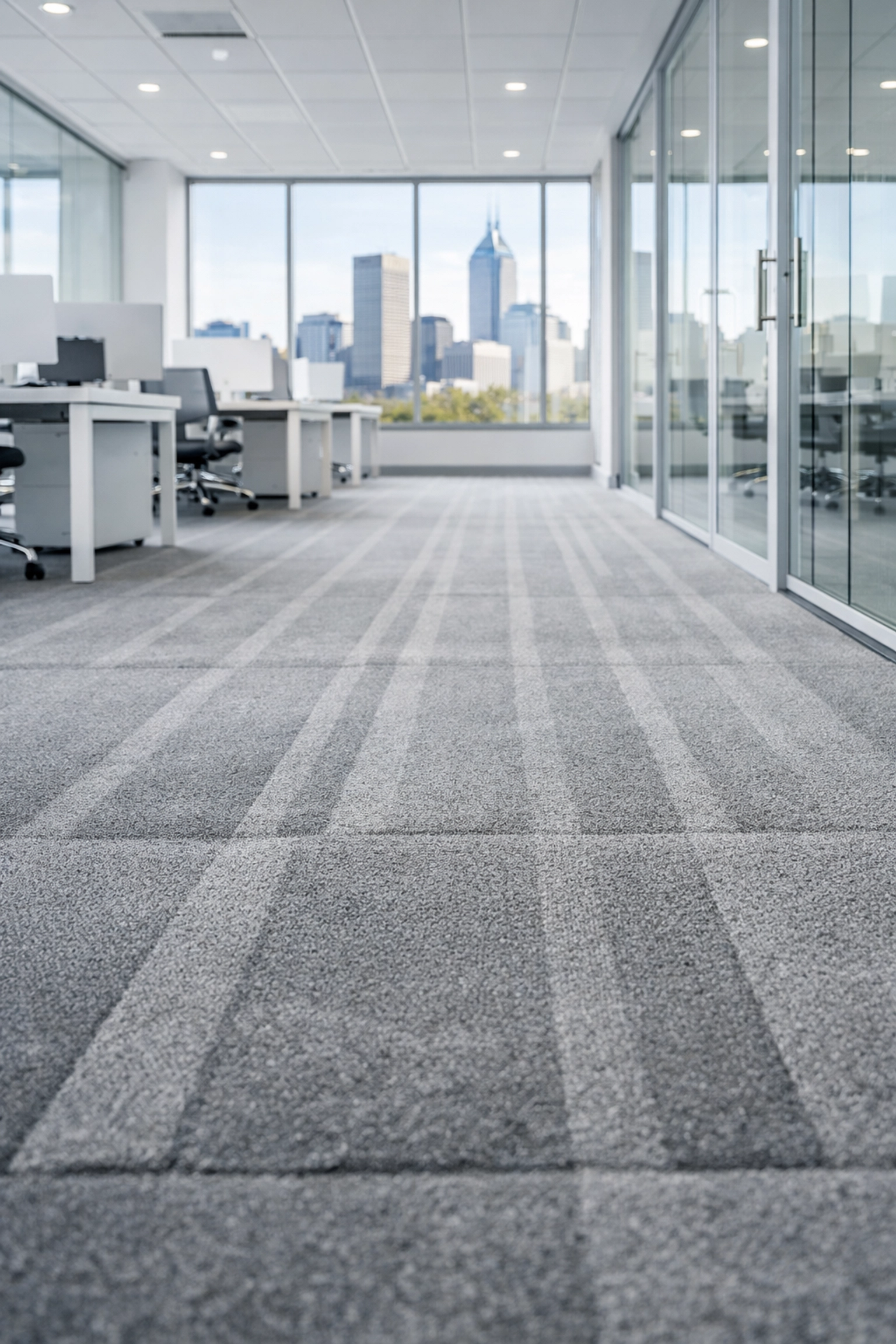 Pristine Indianapolis office space with vacuumed carpets and clean workstations after a professional move-out service.