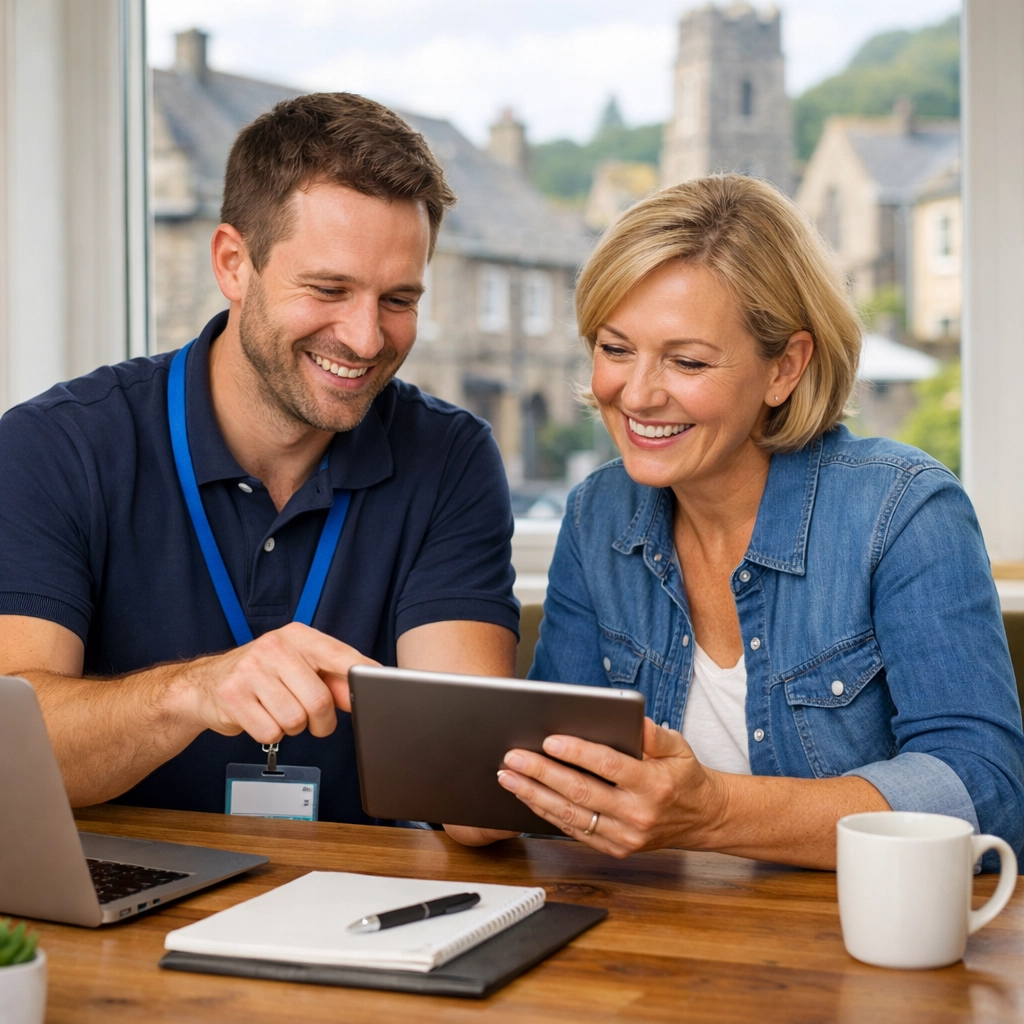 Local it technician and business owner collaborating on a tablet for personalized it support in devon.