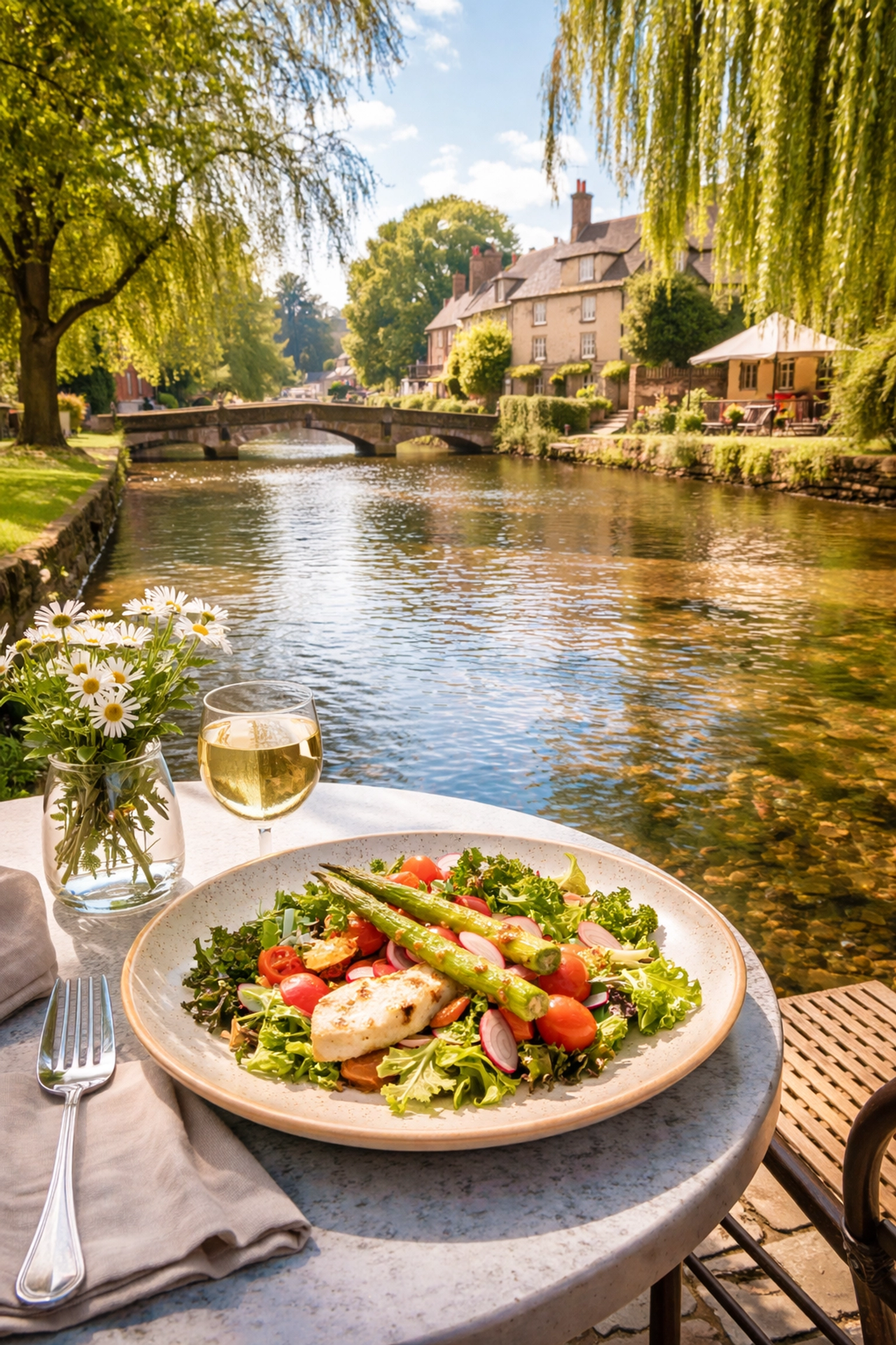 Vegetarian lunch beside River Windrush in Bourton-on-the-Water, stone bridge, and Cotswolds cottages in view