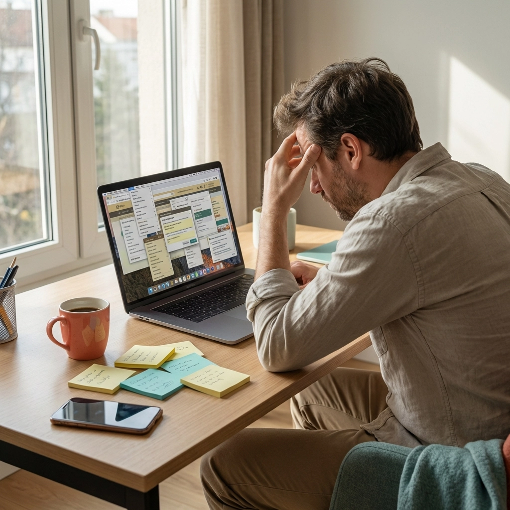 Person frustrated at cluttered website navigation on laptop at minimalist desk, illustrating poor user experience and conversion issues