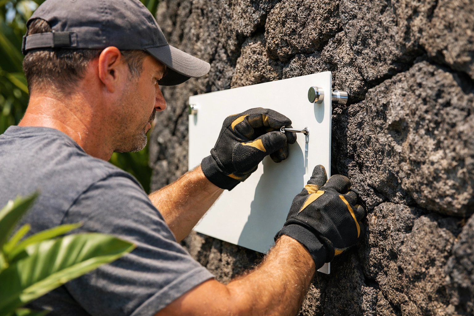 Professional installing custom sign on lava rock wall in Kona Hawaii using specialized mounting hardware