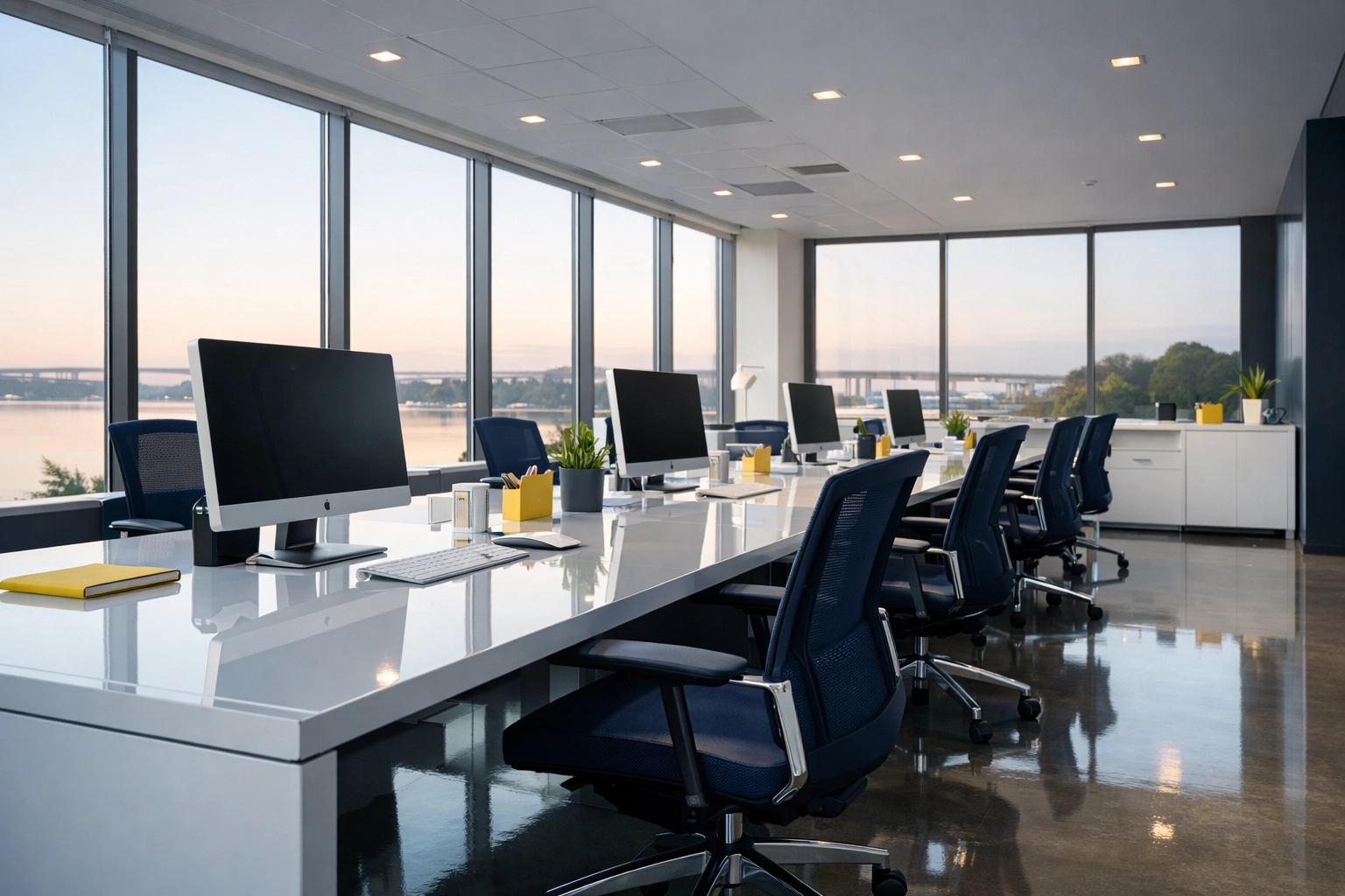 Modern Somerset, MA office with polished surfaces reflecting efficient, professional cleaning results.