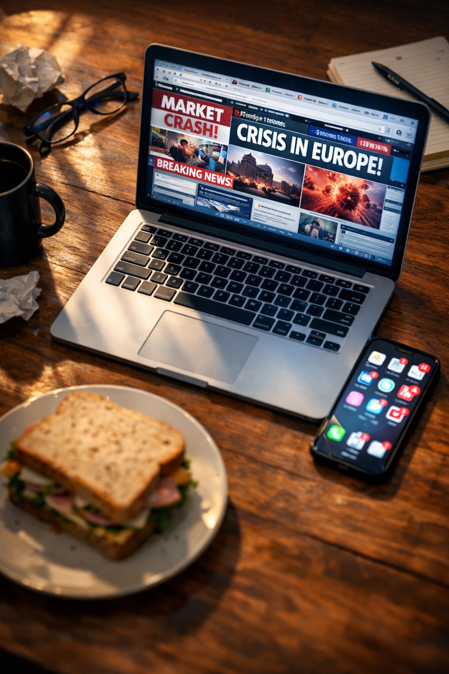 Overwhelmed desk at lunchtime with laptop showing multiple news tabs and untouched sandwich