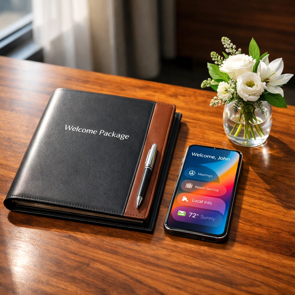 Corporate executive welcome kit and digital event itinerary for seamless VIP hospitality management.