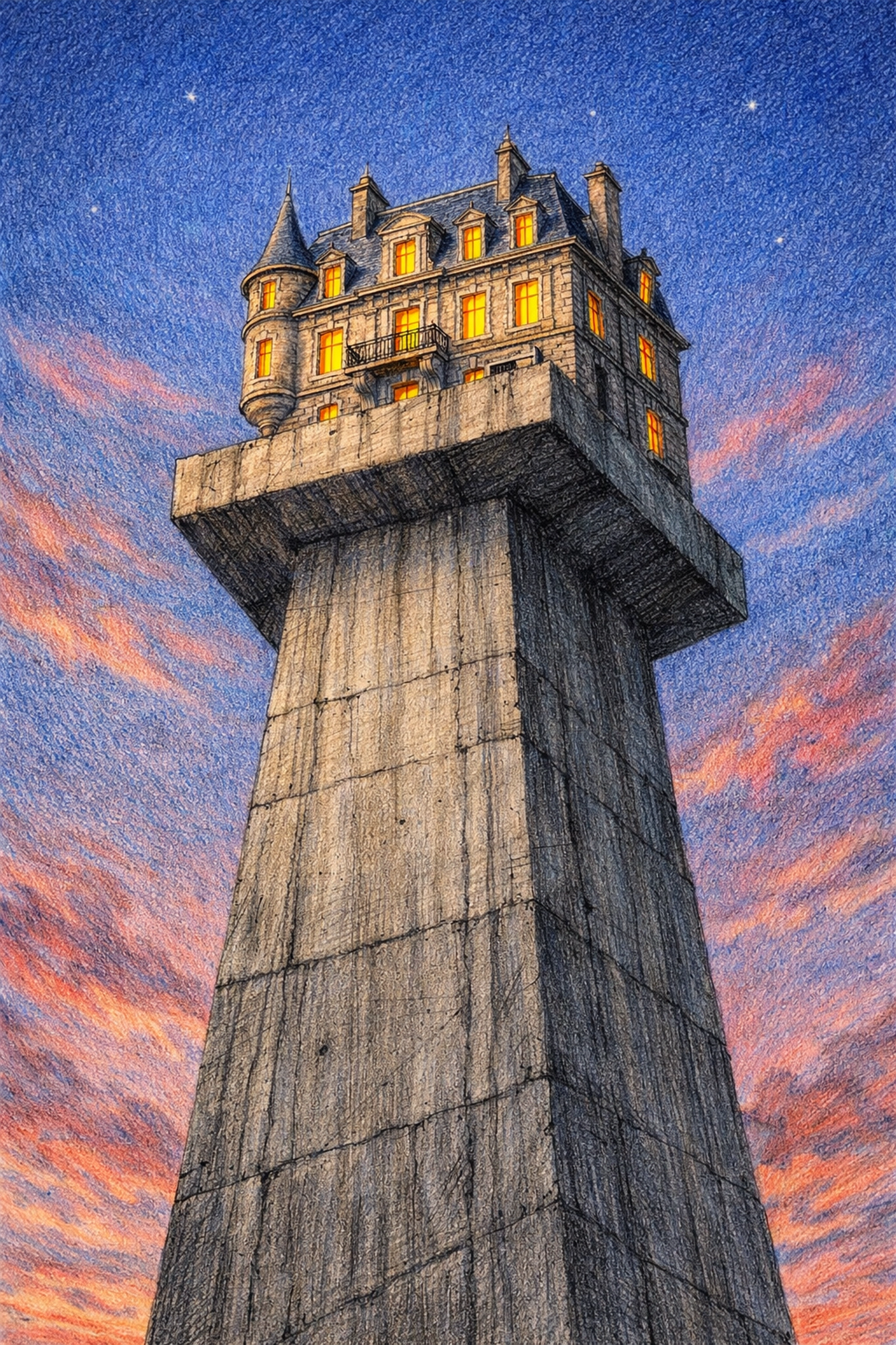 Surreal hotel architecture featuring a traditional mansion atop a modern brutalist tower.