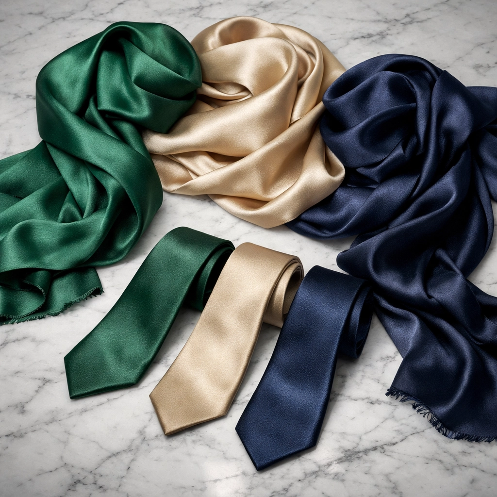 Luxurious silk scarves and men's ties draped on white marble for a sophisticated gift display.