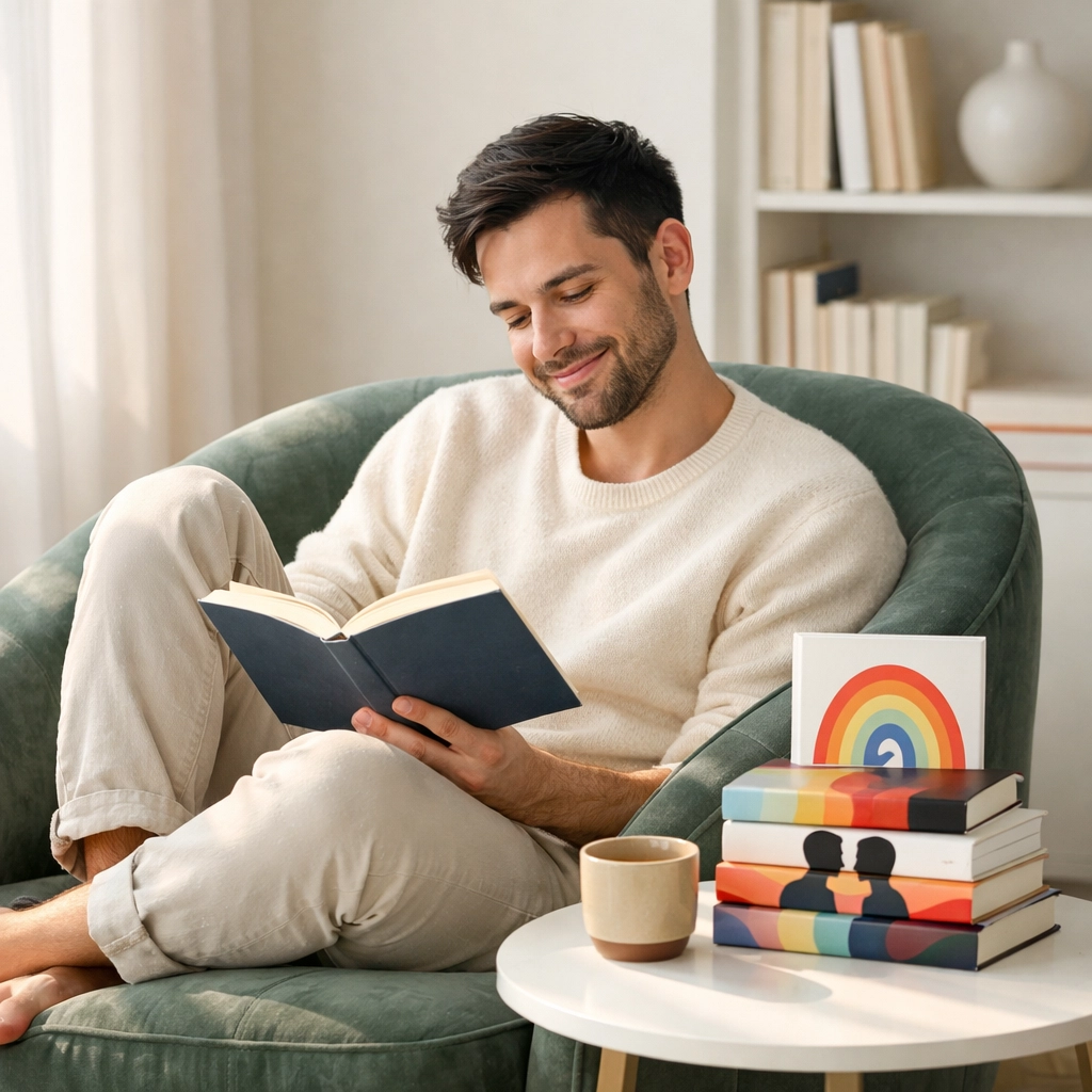 A gay man reading contemporary LGBTQ+ fiction in a bright, modern personal library.