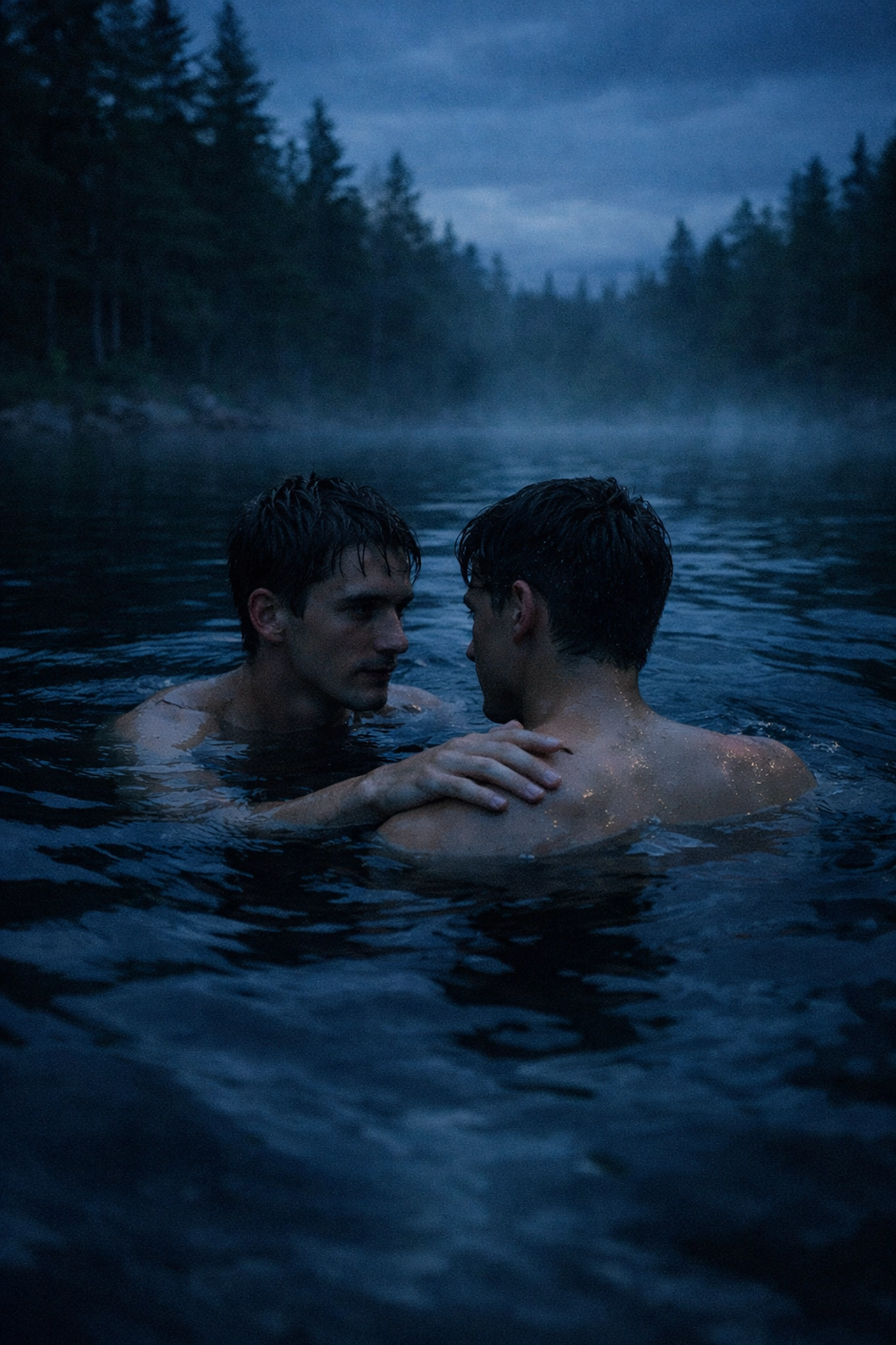 Two men swimming together in secluded lake - Swimming in the Dark MM romance novel