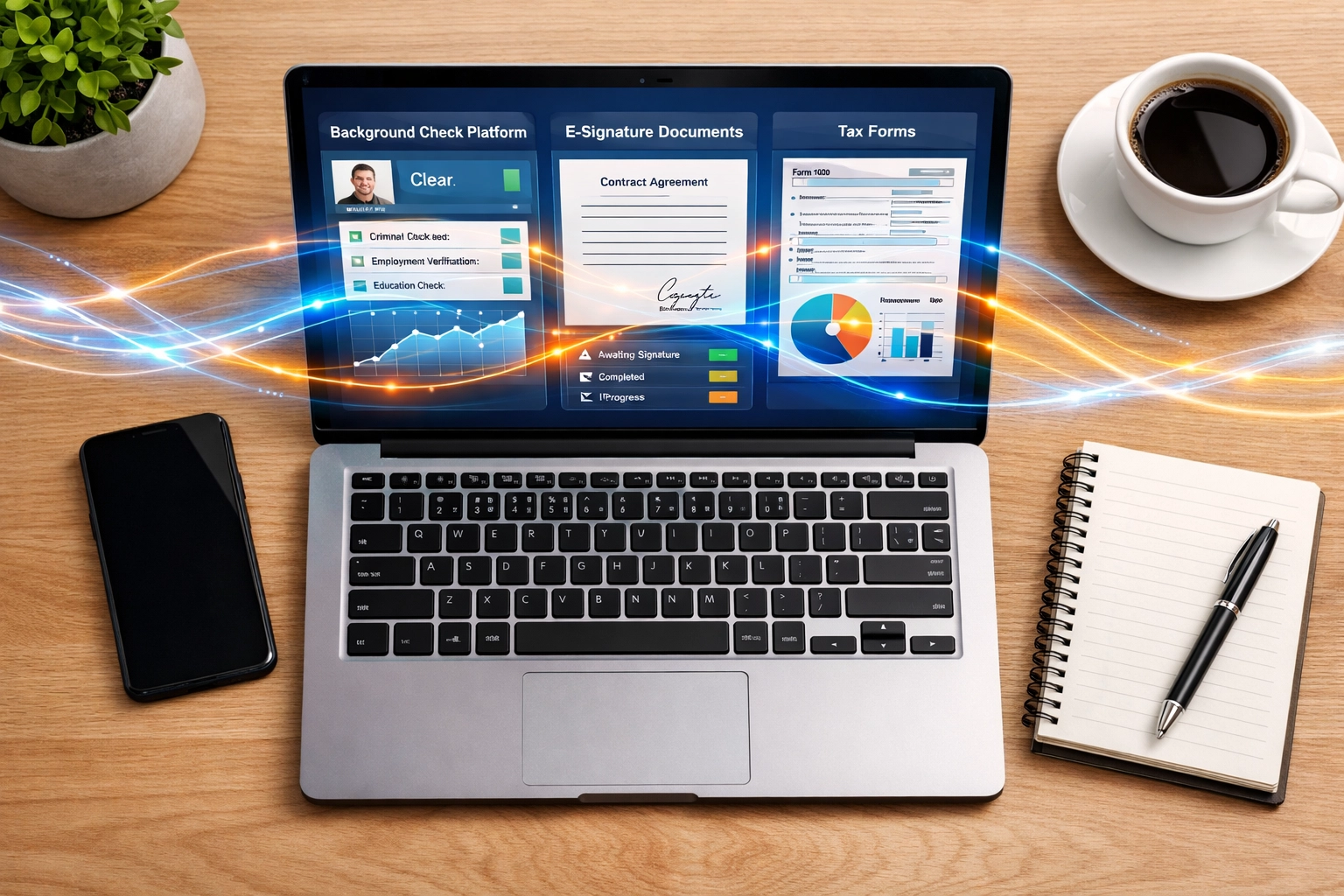 Integrated ServiceNow HRSD dashboards connecting background checks, e-signatures, and tax systems for banks