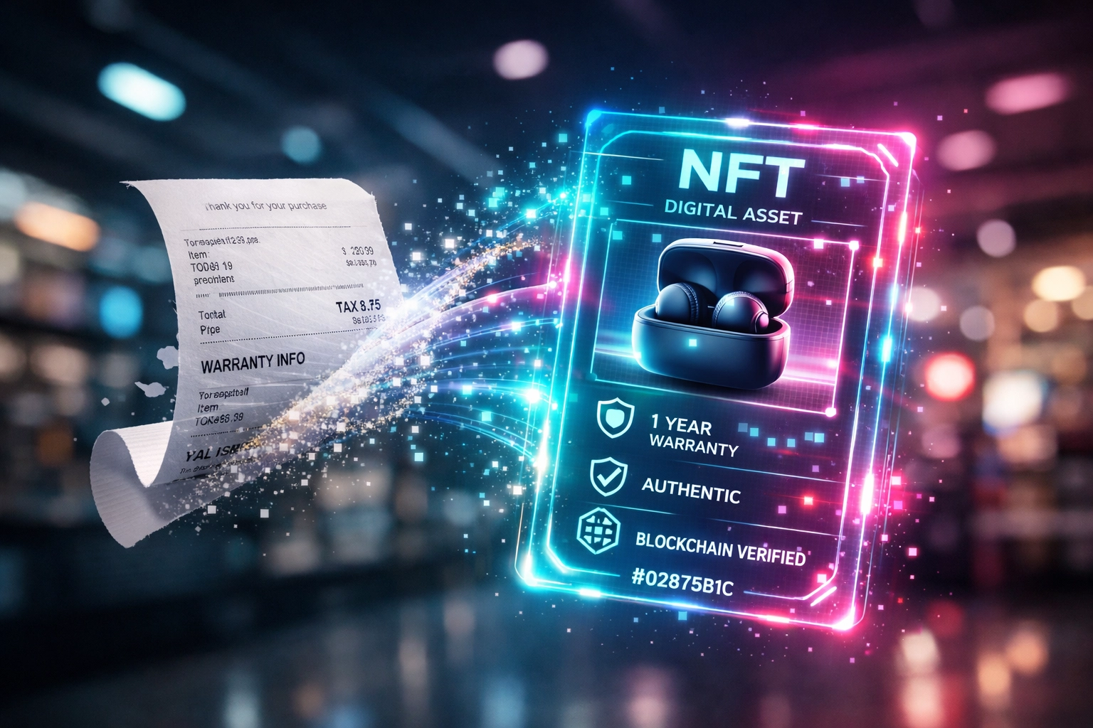 Traditional paper receipt transforming into NFT digital certificate with blockchain verification