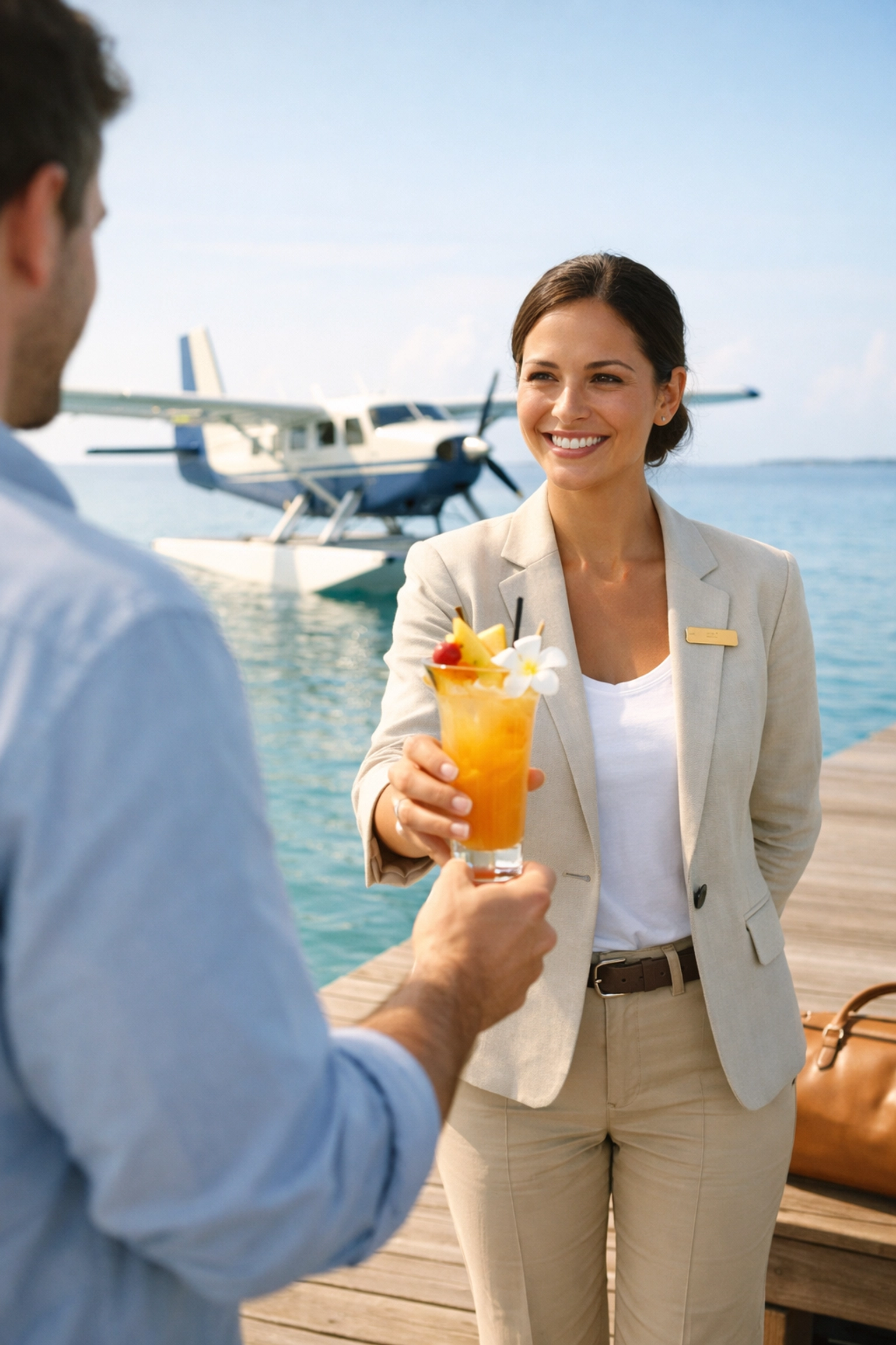 A professional travel concierge greets guests at a tropical pier with a seaplane waiting in the calm water.