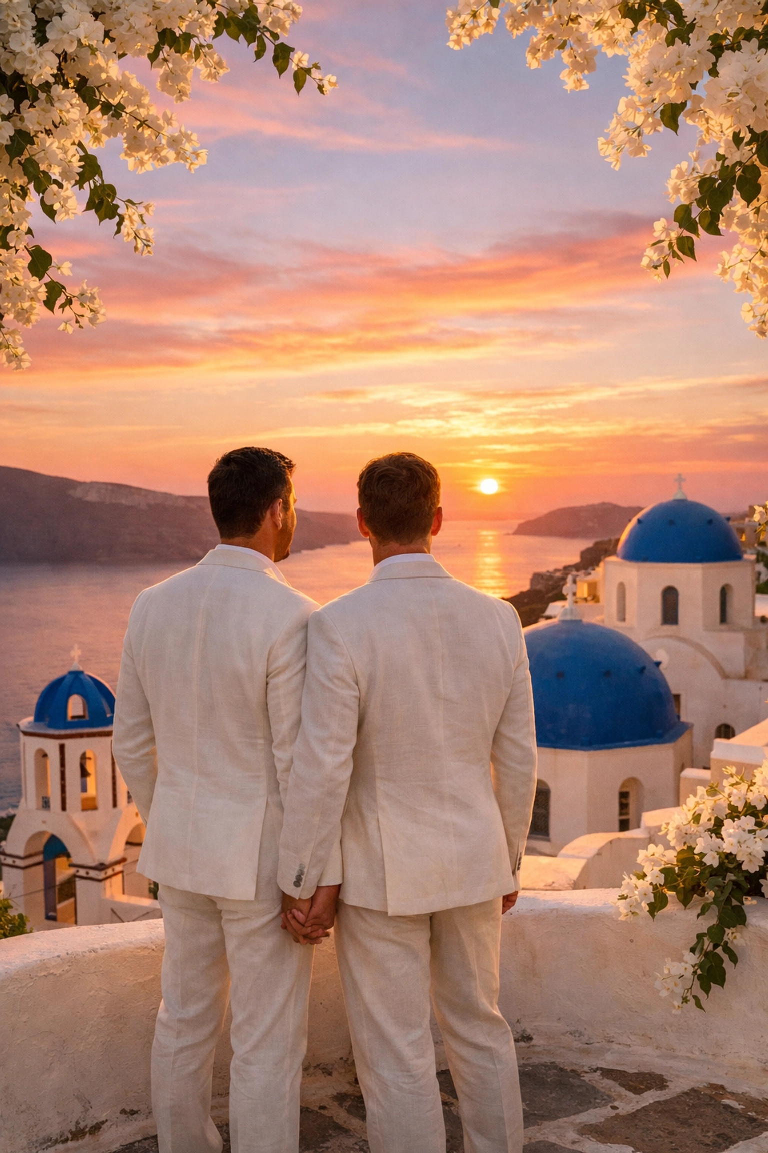 Two grooms holding hands at sunset overlooking Santorini's blue domes and caldera for their gay wedding