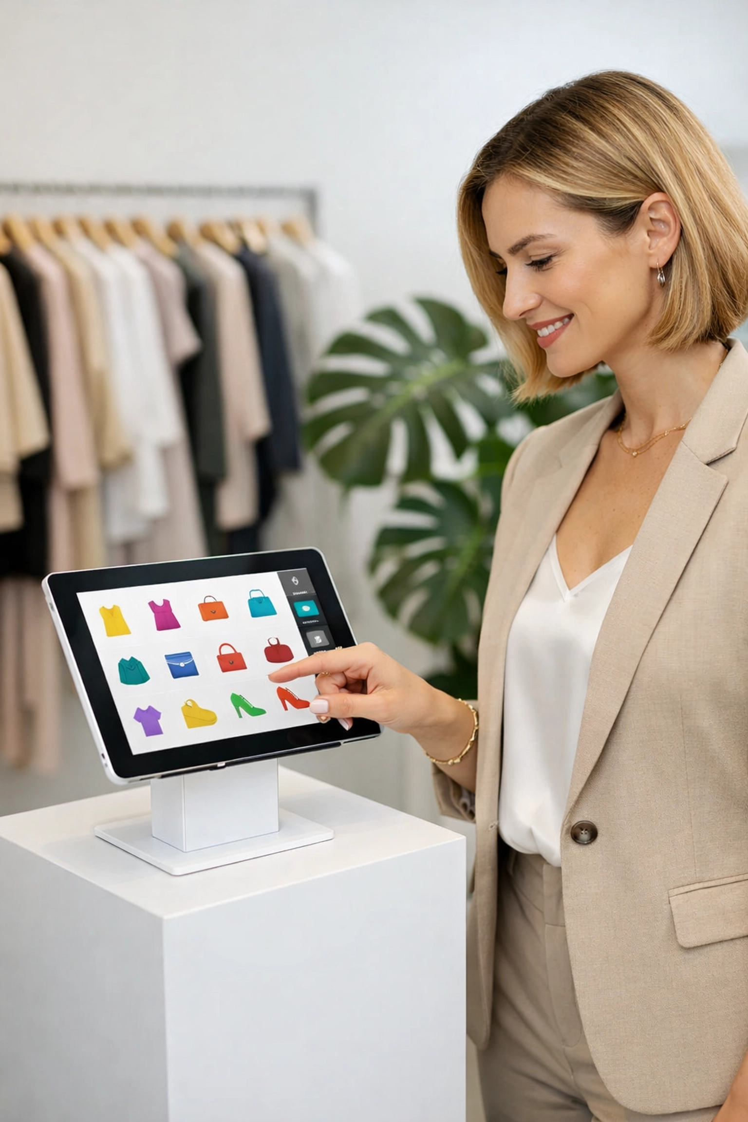 A modern retail POS system using a Shopify POS tablet for inventory management in a boutique.