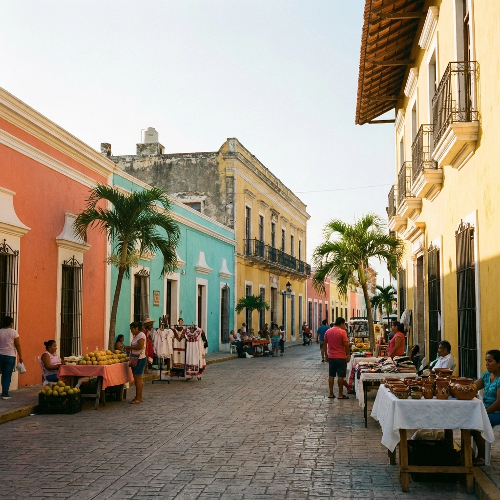 Colorful streets of Progreso, Mexico with local vendors and vibrant buildings, capturing authentic port charm