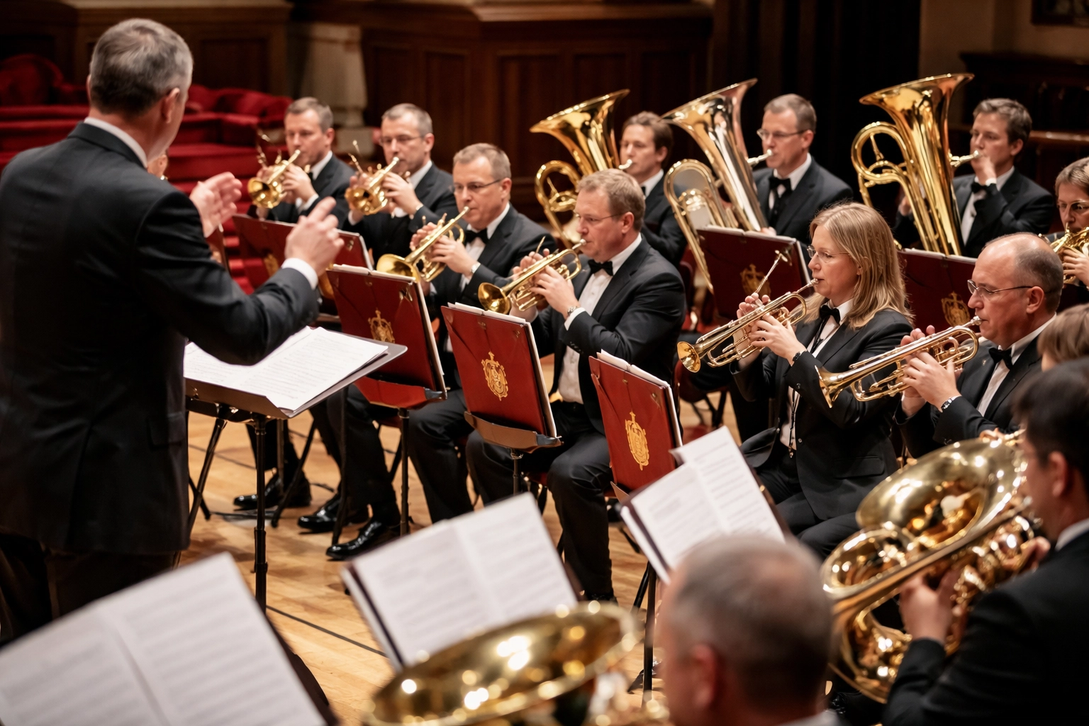 Brass band performing on stage at a British concert hall, showcasing regional pride and musical excellence.