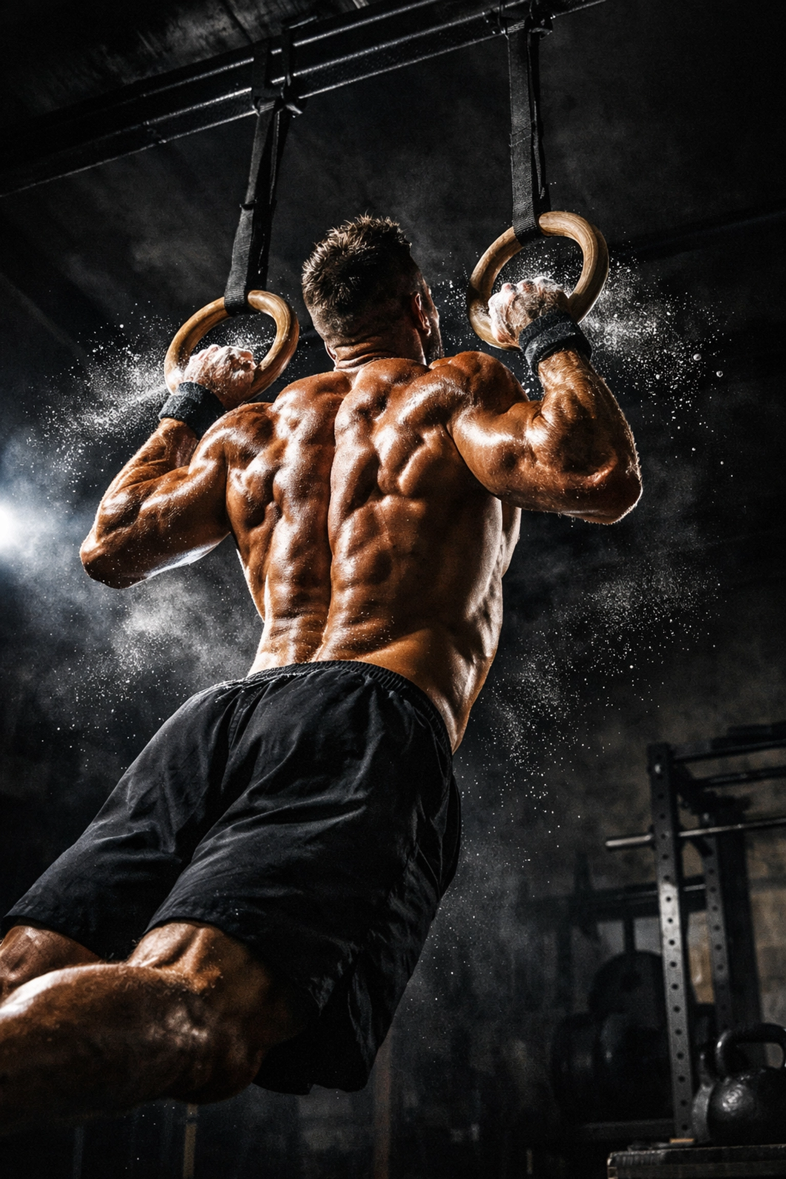 Muscular athlete performing a muscle-up on gymnastic rings for home resistance training.