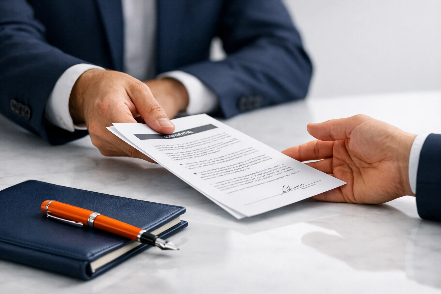 Professionals exchanging documents during a business brokerage negotiation to ensure valuation clarity and trust.