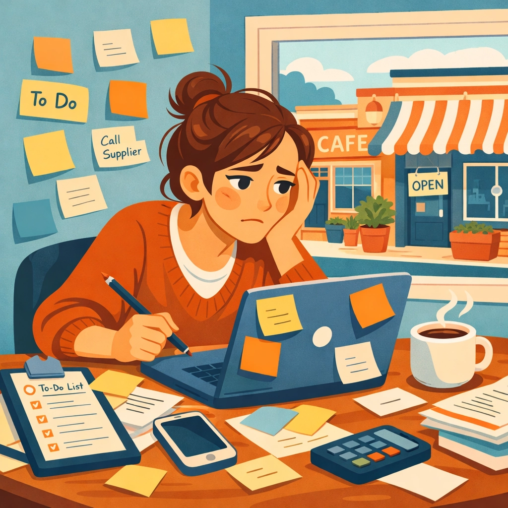 Overwhelmed small business owner at cluttered desk with marketing tasks and coffee