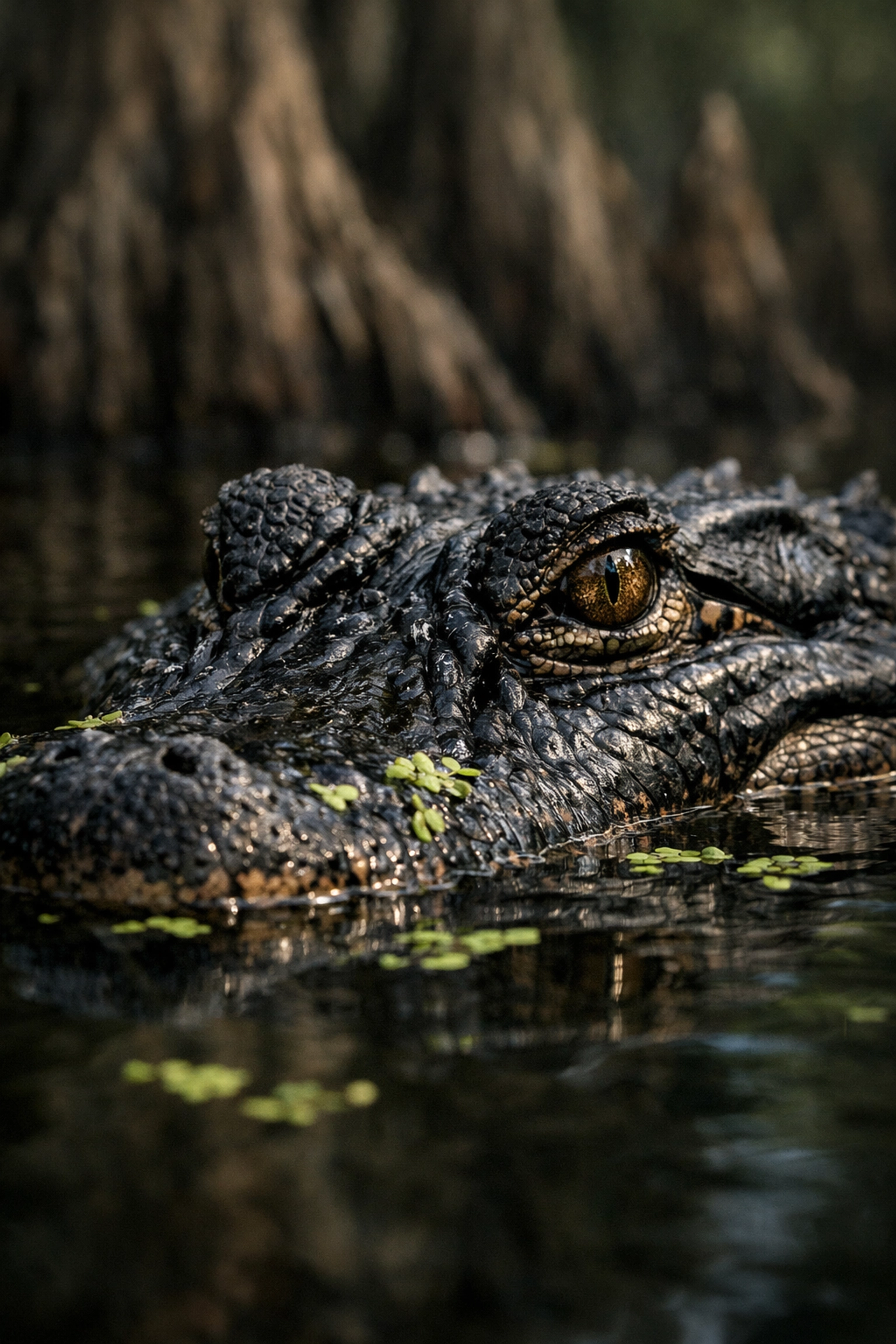 Close-up photo of an American Alligator’s eye and scales in the dark waters of the Florida Everglades.
