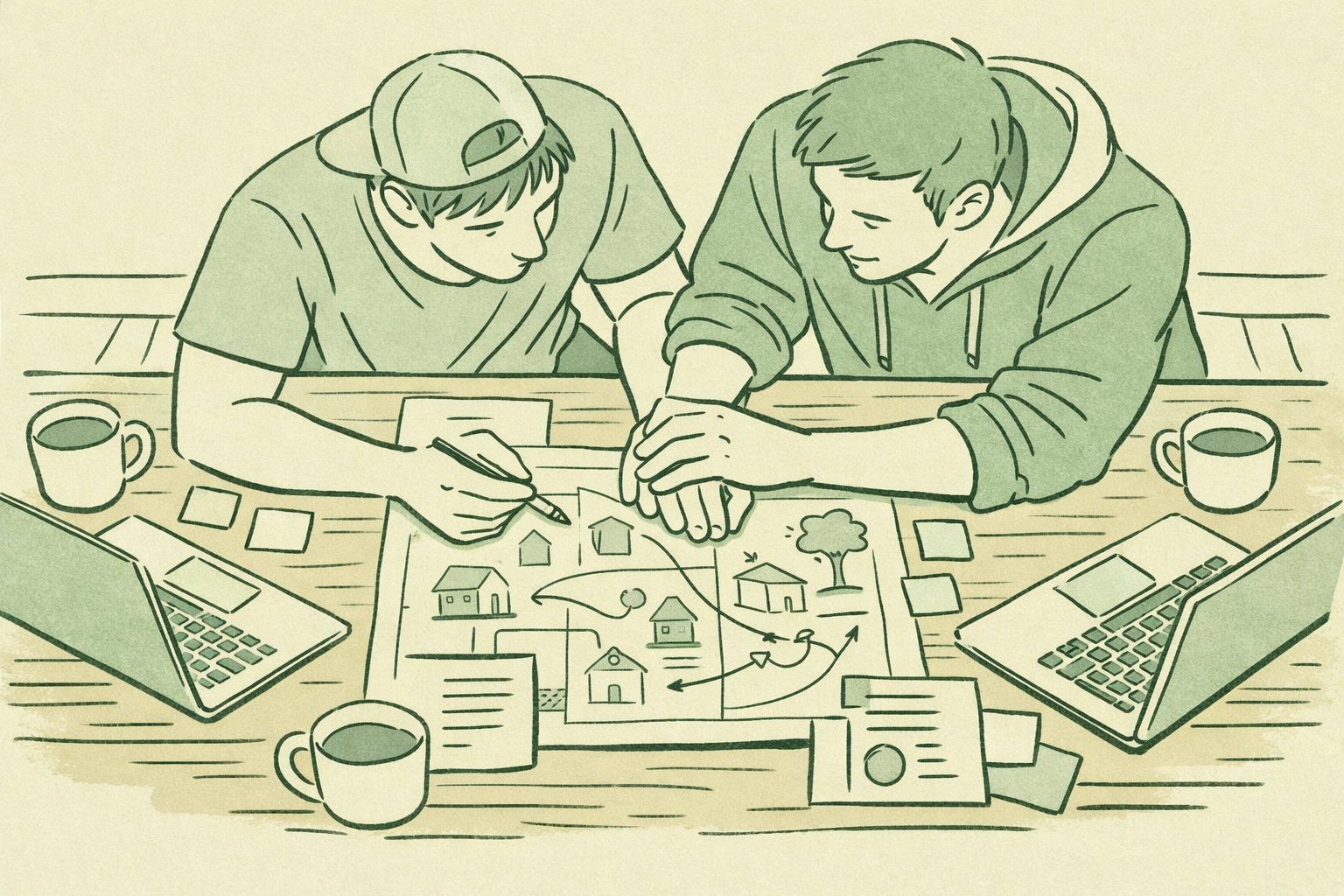 Two men collaborating on LGBTQ+ community organizing and worker cooperative planning documents