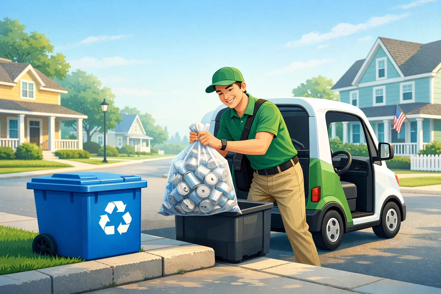 Empteez curbside aluminum can pickup on blue bin day in residential neighborhood