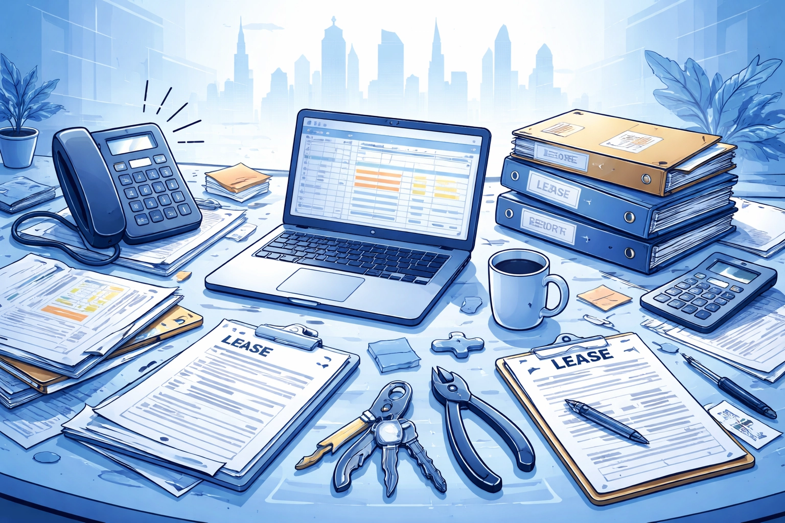 Property manager's desk overwhelmed with tasks highlights the challenges of self-managing Queens multi-family properties.