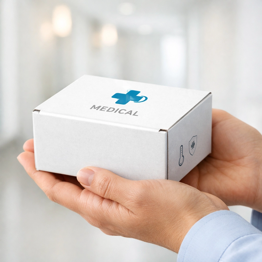 Discreet medical weight loss medication shipping box delivered directly to a patient's home from a pharmacy.