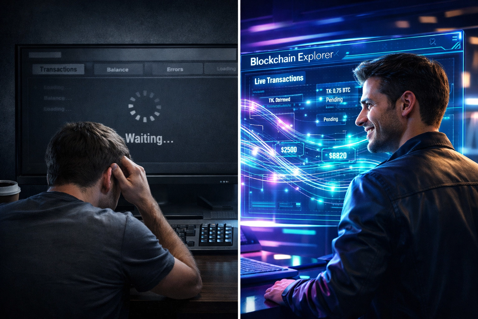 Merchant comparing slow payment processor to instant blockchain transaction tracking