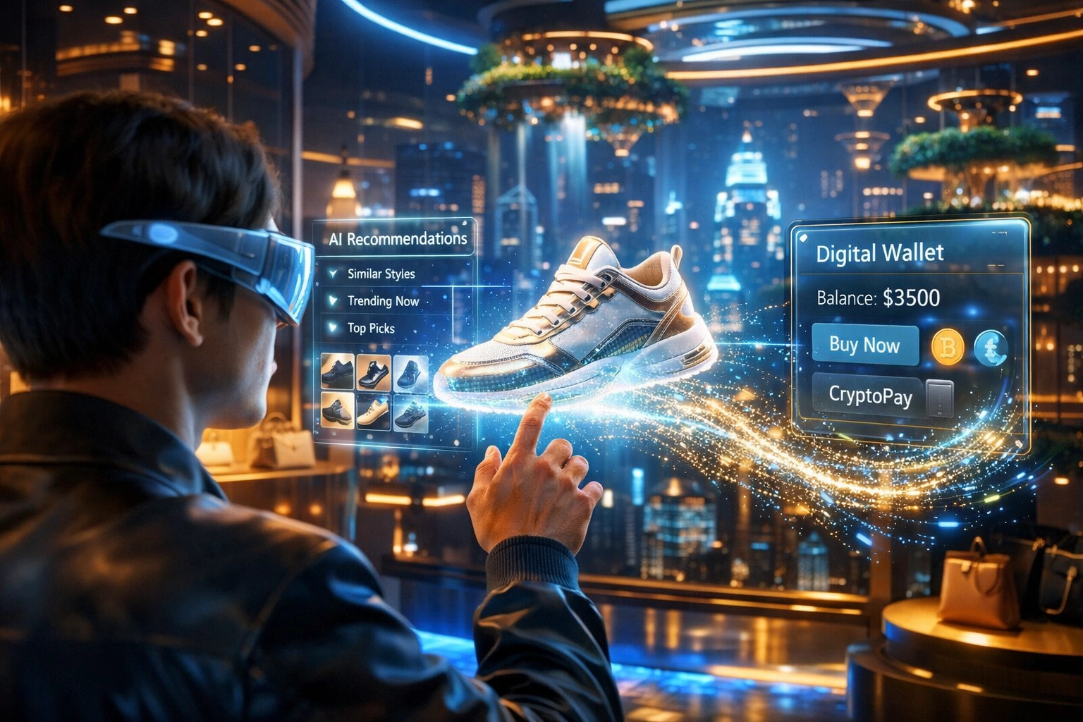Interactive metaverse shopping experience with AR glasses, AI product suggestions, and integrated digital payments.